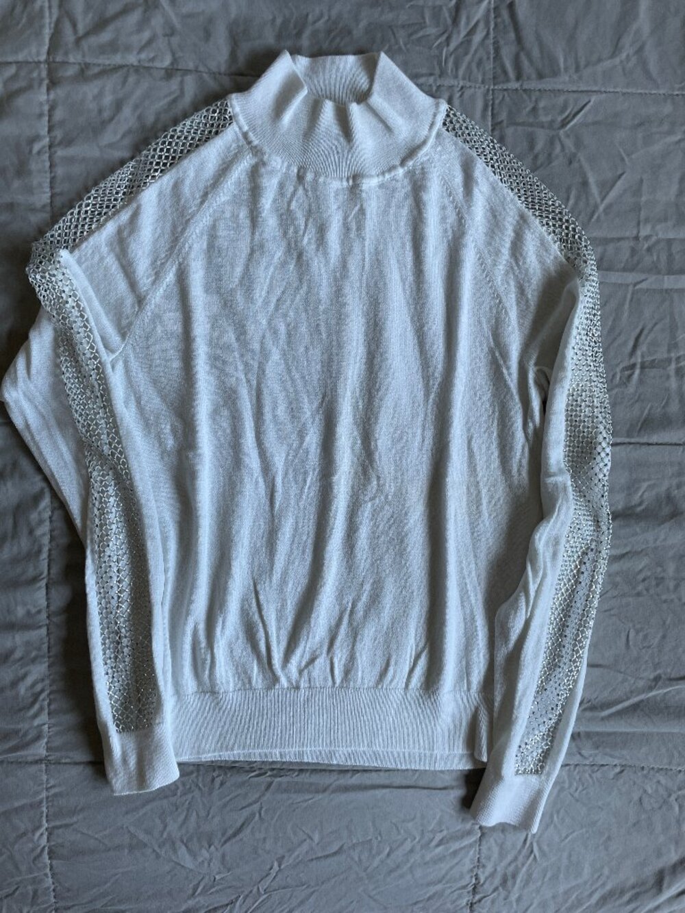 Milly Merino Wool  rhinestone-embellished mesh panel White Mock-N Sweater Size S